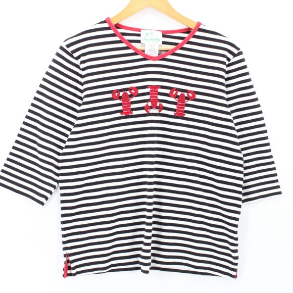 The Quacker Factory Shirt Womens Multicolor Striped 3/4 Sleeve Lobsters Logo L - Picture 1 of 9